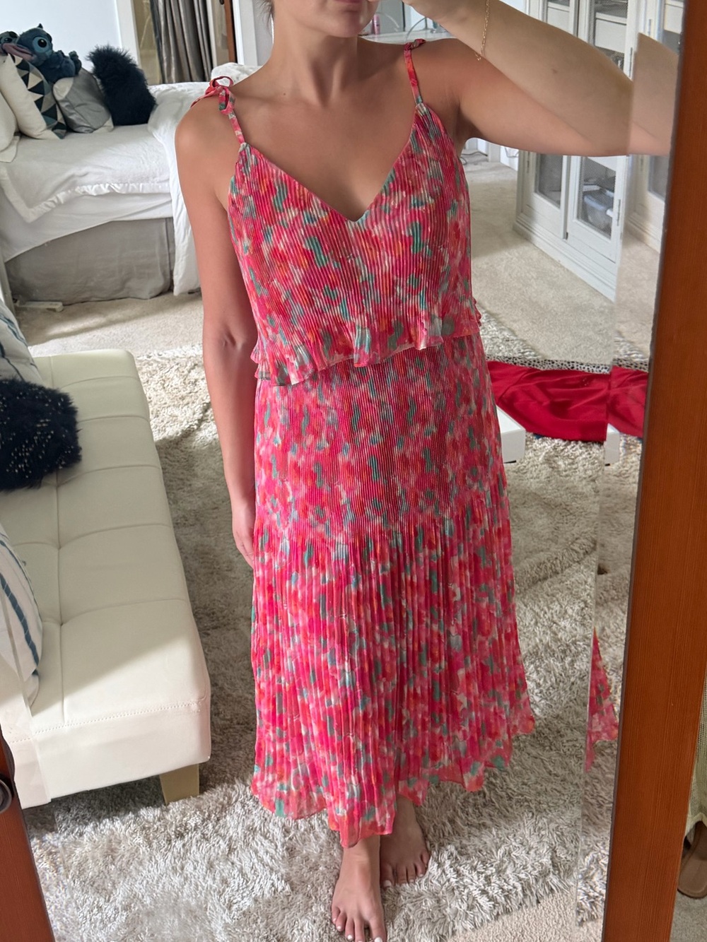 Adelyn Rae Pink Floral Pleated Maxi Dress with Tie Straps